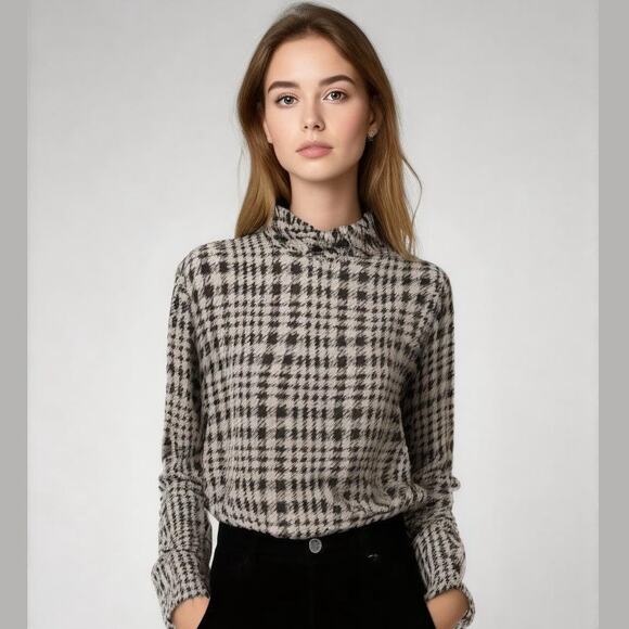Dana Buchman Black White Silk Houndstooth  Long Sleeve Work Classic Blouse 14 - Picture 1 of 13